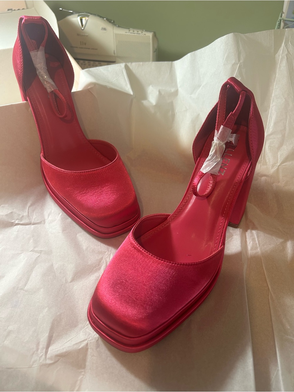 Satin hot pink Platform Heel Pumps with Ankle Strap
